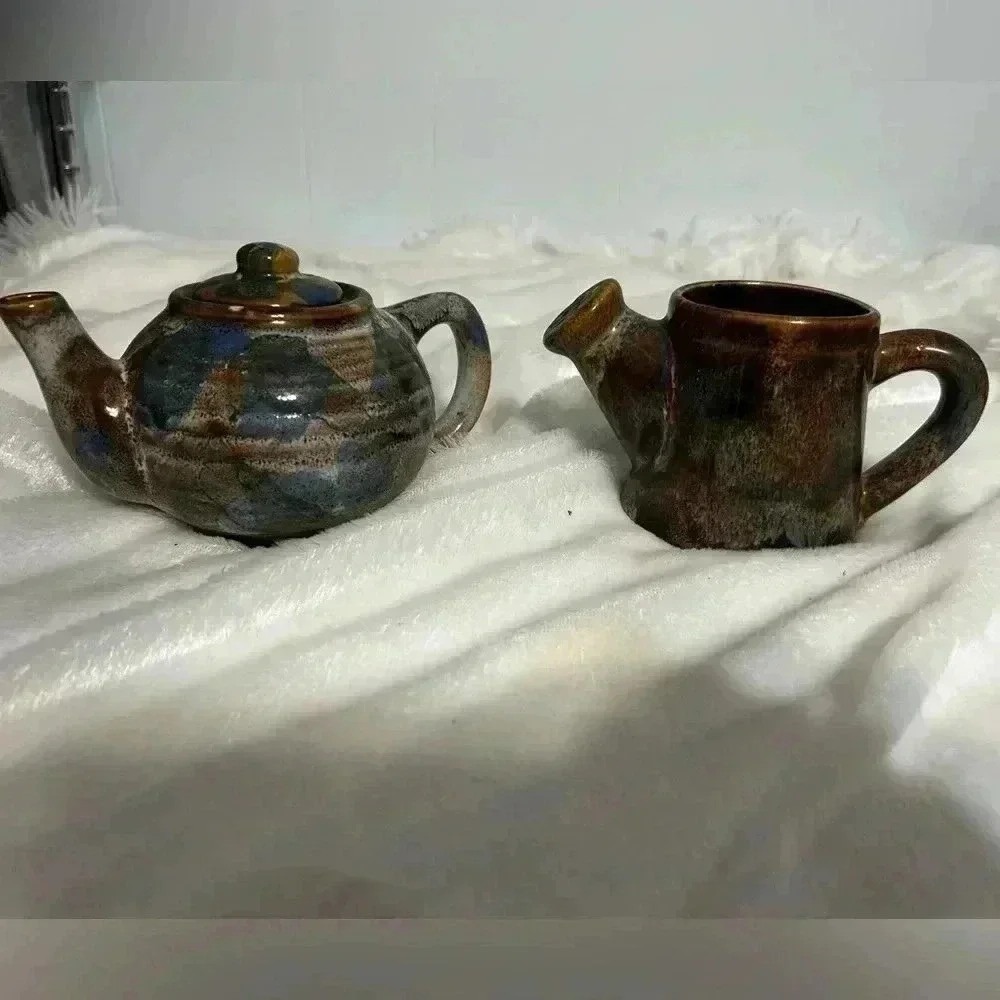 Hermitage Pottery Mini Marble Tea Pot and Watering Can Set Ceramic Earth Tones
